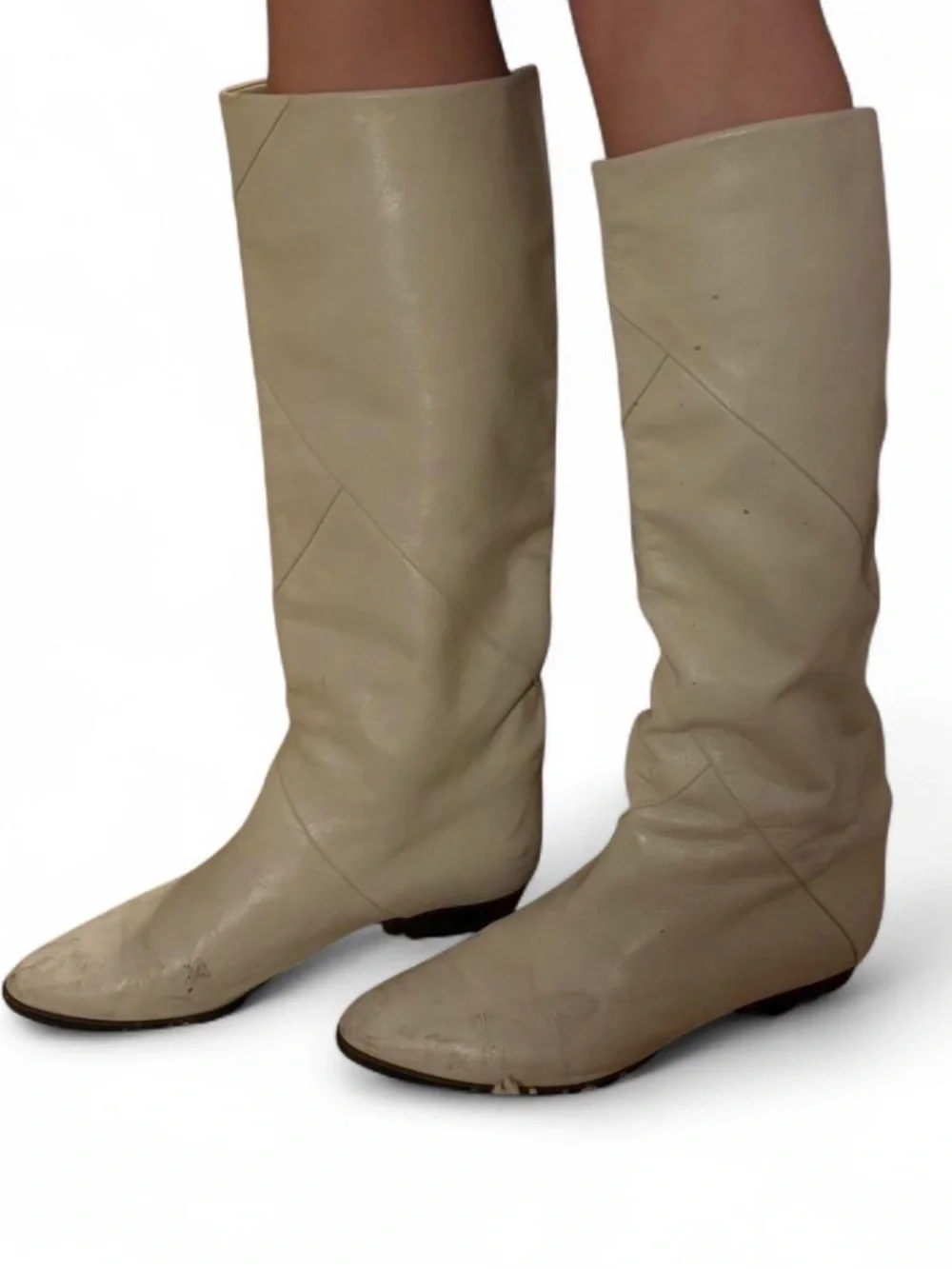 Cream Knee-High Leather Boots - Women's Classic Riding Style